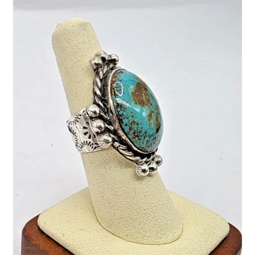 Handmade Sonoran Web Turquoise Ring Sterling Silver Signed 8M 17 grams Size‎ 7